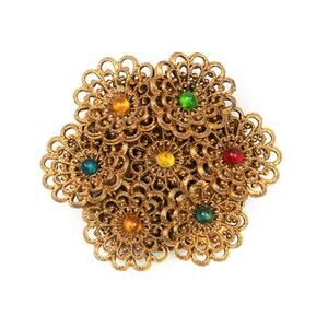 1940s Jewel Tone Cabochons Layered Plastic Celluloid Flower Floral Brooch Pin